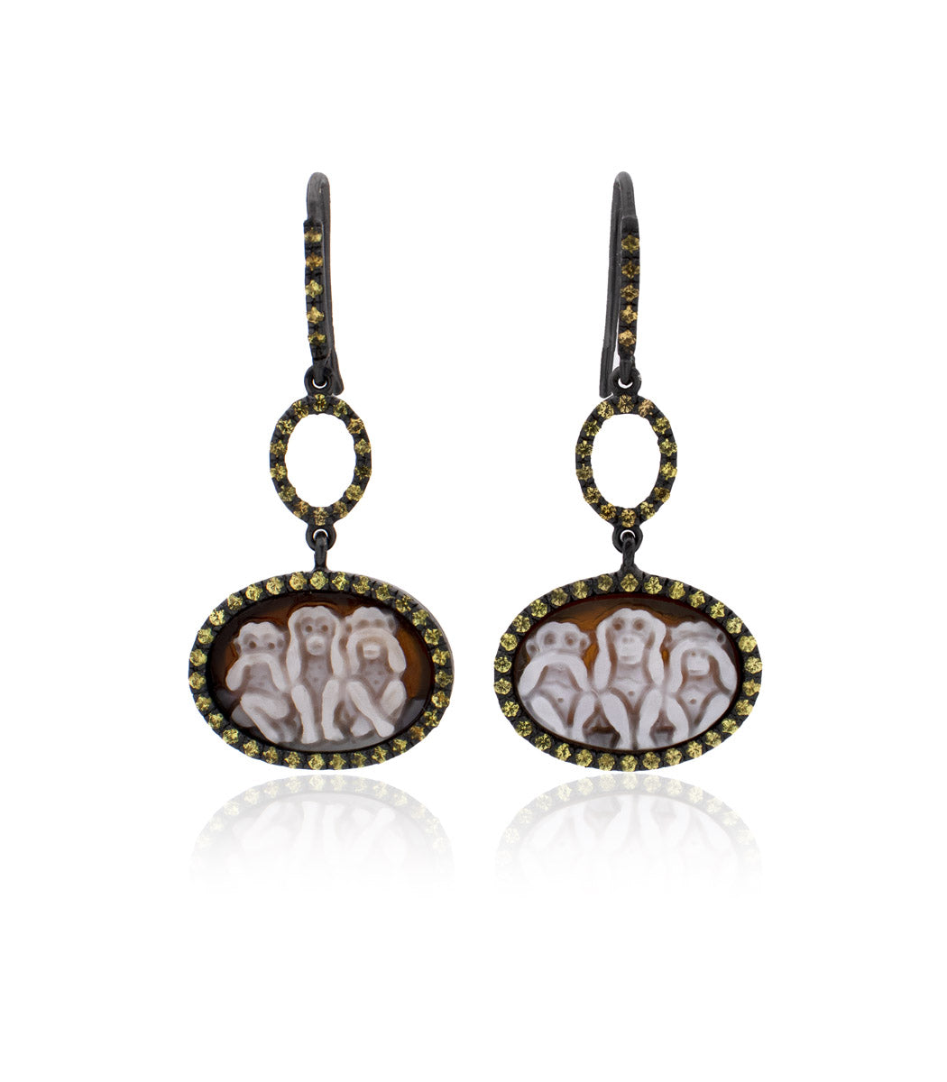 "WISE MONKEYS" — hand-carved cameo earrings by AMEDEO
