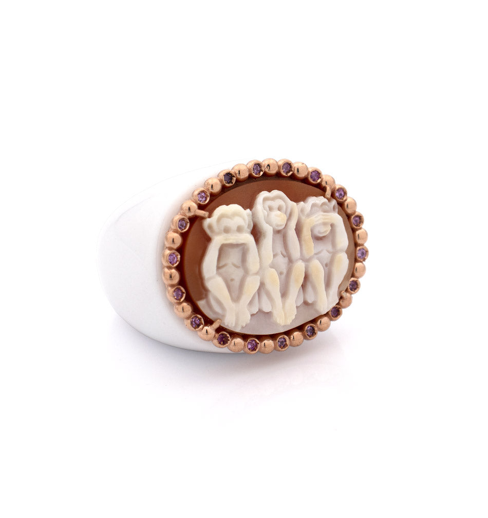 "WISE MONKEYS" — hand-carved cameo ring by AMEDEO