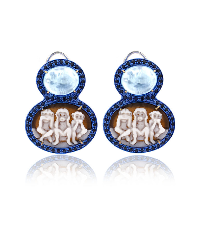 COUTURE "WISE MONKEYS" - BLUE — hand-carved cameo earrings by AMEDEO