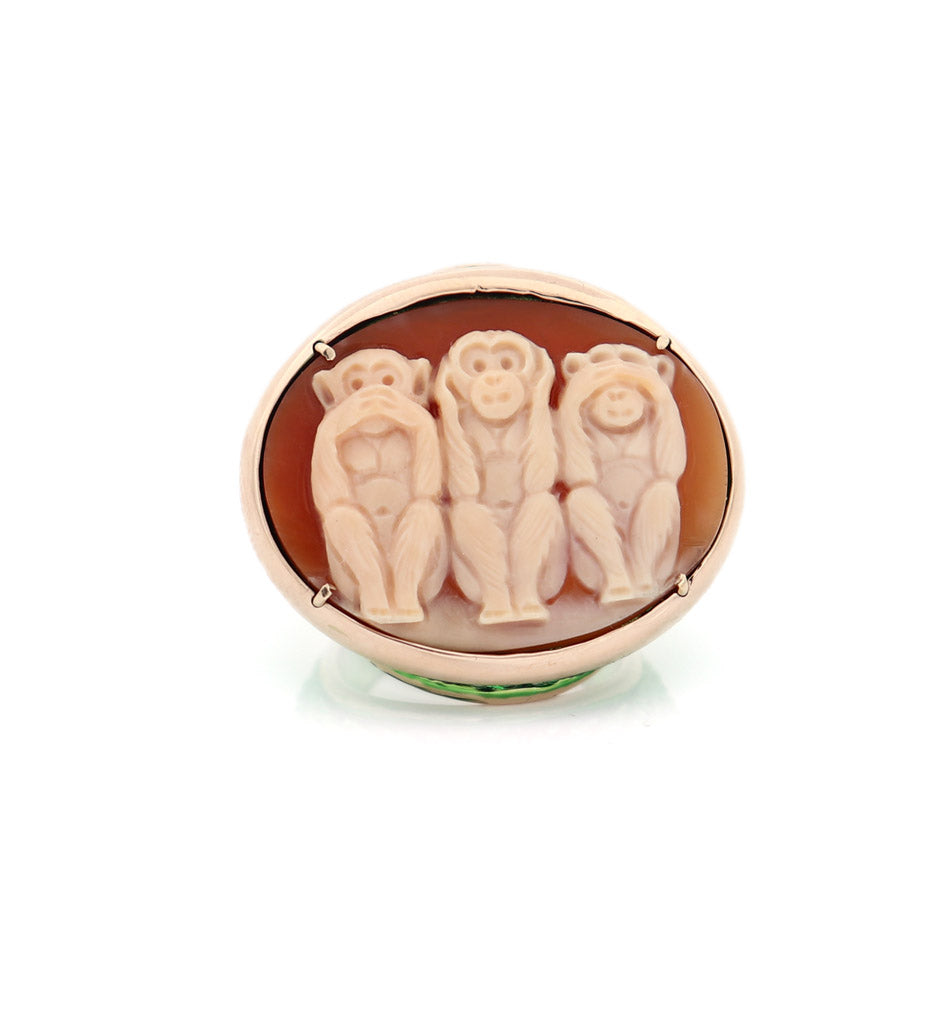 "WISE MONKEYS" - GREEN — hand-carved cameo ring by AMEDEO