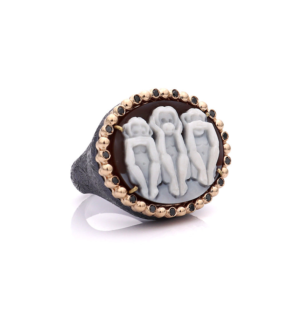 "WISE MONKEYS" - BLACK — hand-carved cameo ring by AMEDEO