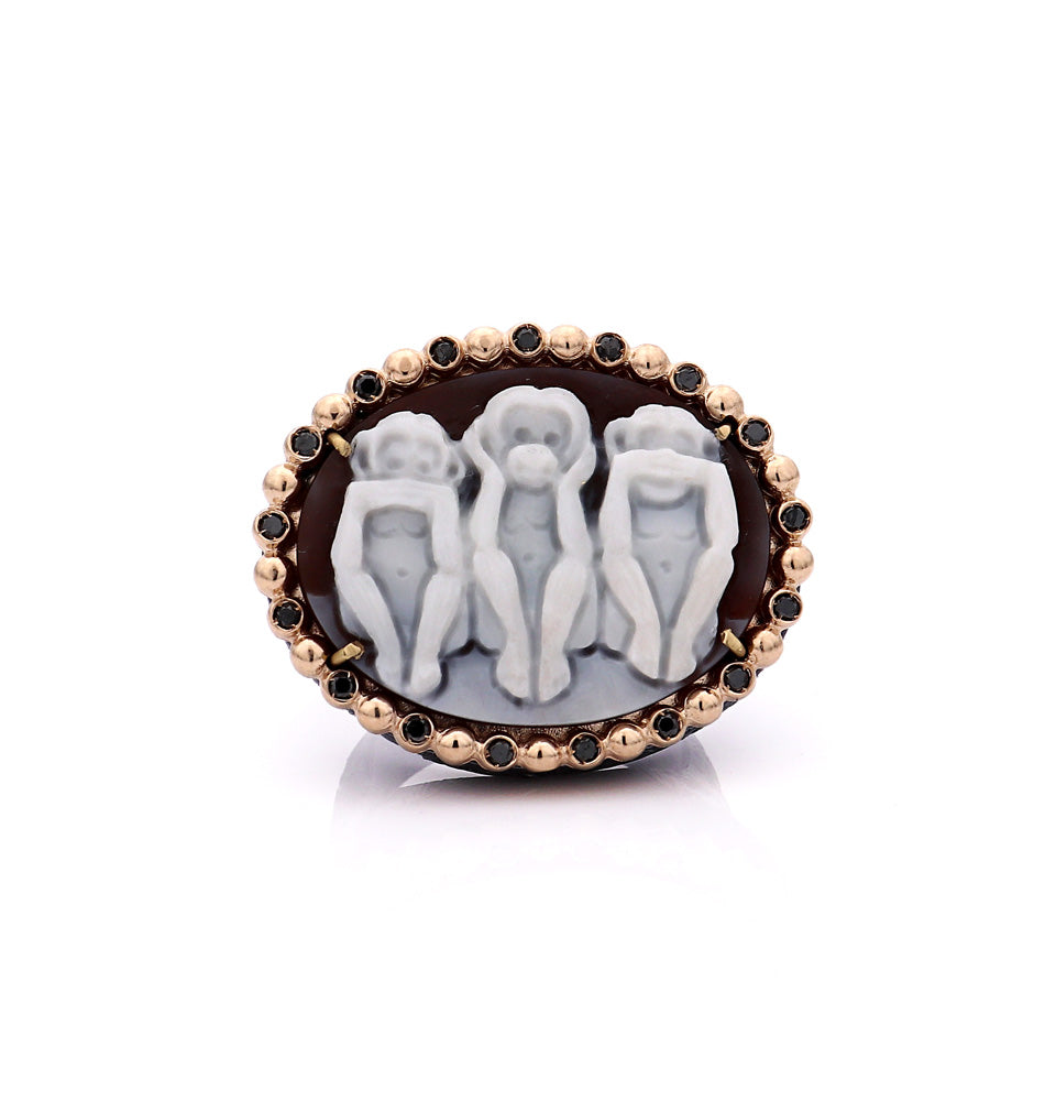 "WISE MONKEYS" - BLACK — hand-carved cameo ring by AMEDEO