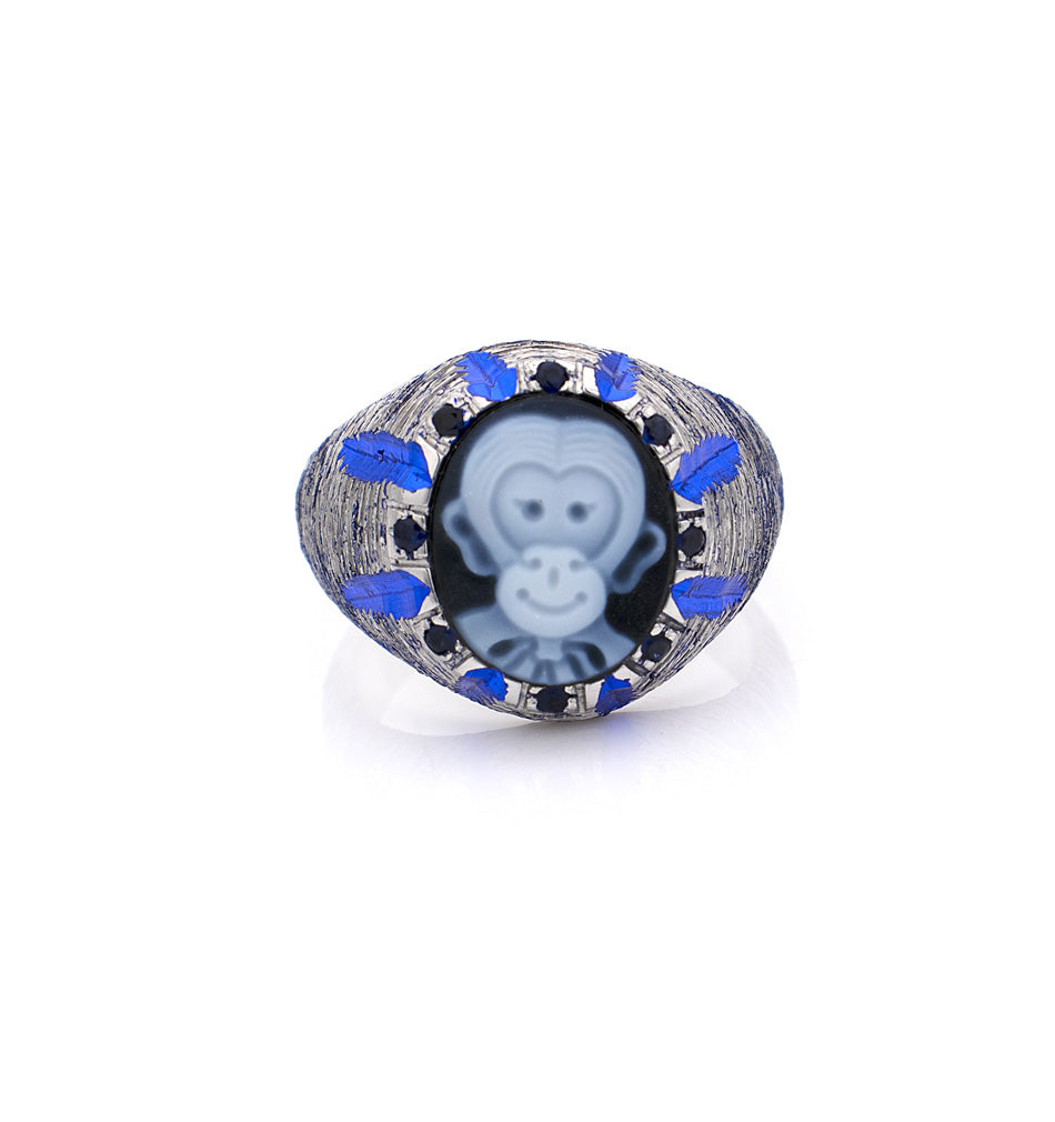 MINI "MONKEY" - BLUE SAPPHIRES — hand-carved cameo ring by AMEDEO