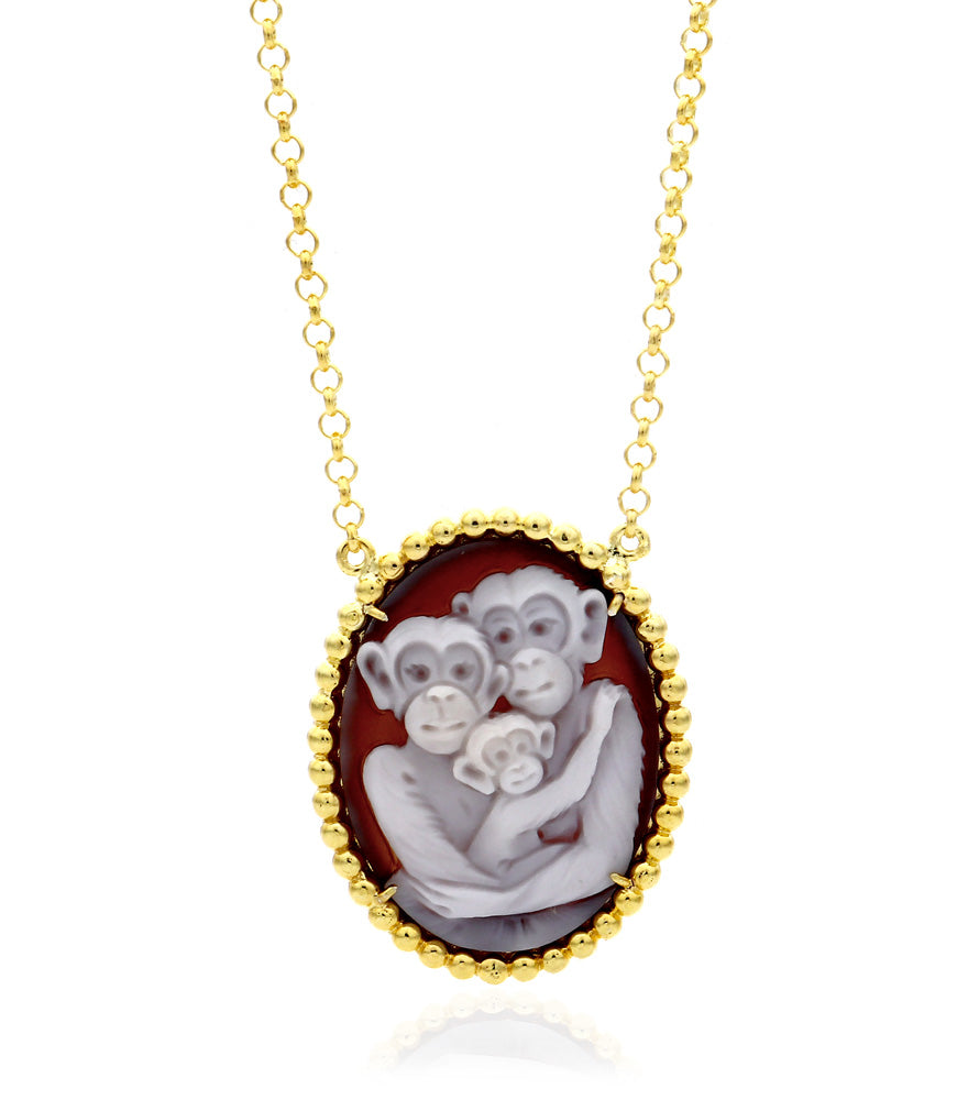 ''Family First'' – Hand-Carved Monkey Family Cameo in Sterling Silver