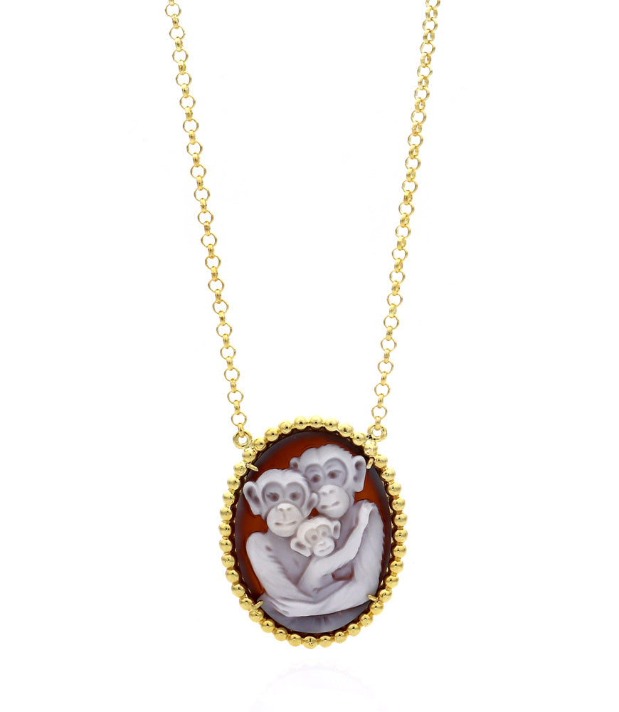 ''Family First'' – Hand-Carved Monkey Family Cameo in Sterling Silver